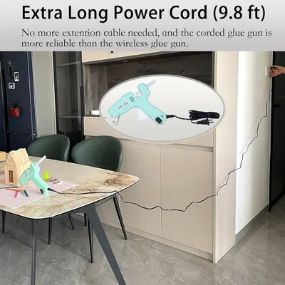 Highlights the convenience of the glue gun's 9.8 ft cord, eliminating the need for extension cables and emphasizing its reliability over wireless alternatives.