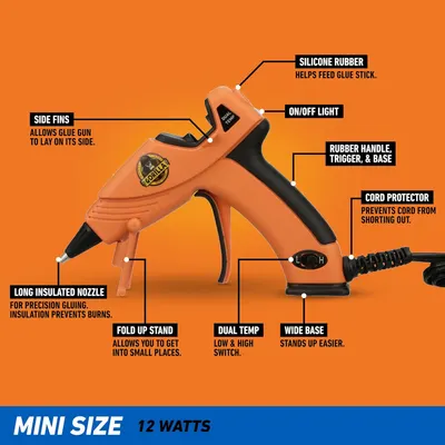 Highlights the various features and components of the glue gun to demonstrate its functionality and ease of use.