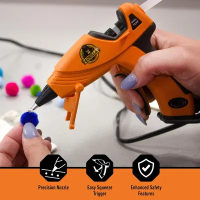 Highlights multiple key features of the glue gun to demonstrate its ease of use, precision, and safety for crafting projects.