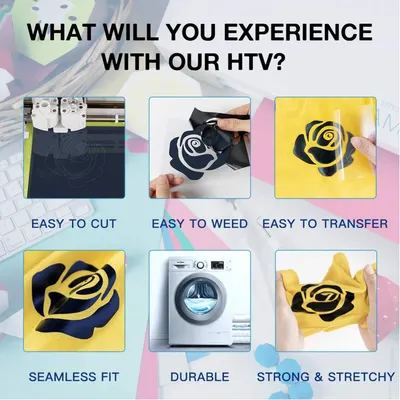Showcases multiple features and benefits of the HTV product, highlighting its ease of use and durability to appeal to crafters and DIY enthusiasts.