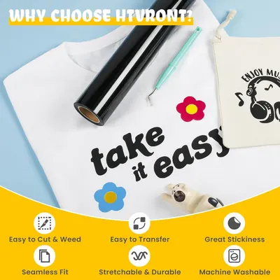 Highlights multiple key features and benefits of the HTVRONT product, emphasizing its ease of use and durability for custom t-shirt and fabric design applications.