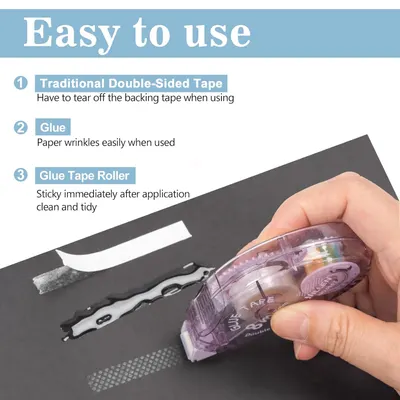 Demonstrates the ease of use of the glue tape roller compared to traditional adhesive methods. Highlights multiple benefits of the glue tape roller, including its ease of use and clean application…
