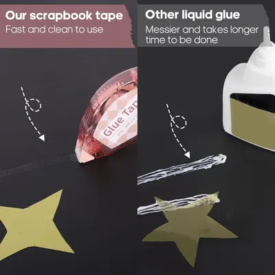 Demonstrates the superiority of the scrapbook tape over traditional liquid glue in terms of speed and cleanliness of application.