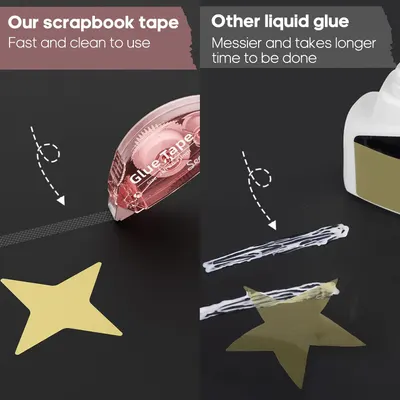 Demonstrates how the scrapbook tape is faster and cleaner to use compared to traditional liquid glue.