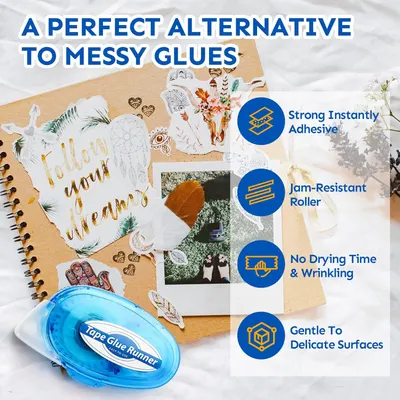 Highlights multiple benefits of the tape glue runner as an alternative to messy liquid glues for crafting and scrapbooking.
