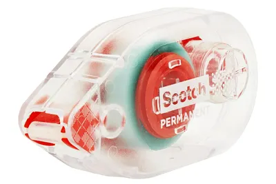Highlights the permanent adhesive feature of the Scotch tape, emphasizing its strong and lasting bonding capability.