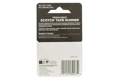 Explains how to use the Scotch Tape Runner, emphasizing its quick and mess-free application process. Highlights the key benefit of the product: instant adhesion without drying time or wrinkling…