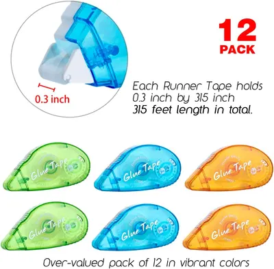 Communicates the specific dimensions of the glue tape to inform customers about the product's size and capacity. Shows that the product comes in a pack of 12 with different vibrant colors,…
