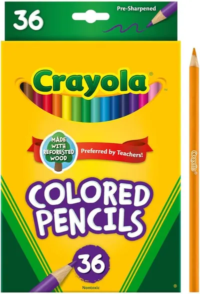 Shows the complete set of 36 colored pencils included in the package, highlighting the variety of colors available. Emphasizes the product's safety and environmental friendliness with 'Made with…