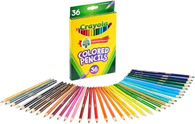 Shows the complete set of 36 colored pencils included in the package, demonstrating the variety of colors available to the customer.
