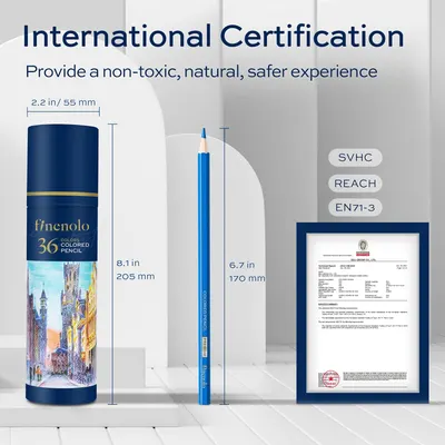 Highlights the product's safety certifications to reassure customers about its non-toxic and natural properties. Provides exact measurements of the colored pencil and its packaging to give customers…
