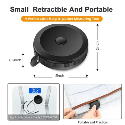 Demonstrates the small, pocket-sized dimensions of the measuring tool to highlight its portability and convenience. Emphasizes the retractable feature of the measuring tool, showcasing its…