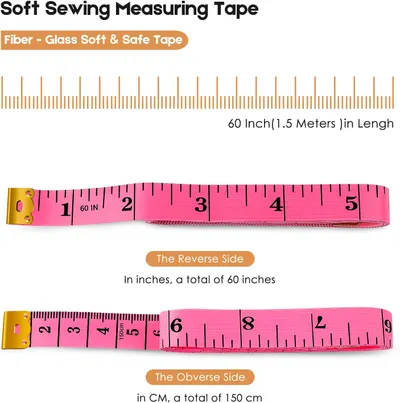 Shows the length and measurement units of the soft sewing tape, demonstrating its 60-inch (1.5 meters) length and dual-sided measurements in inches and centimeters.
