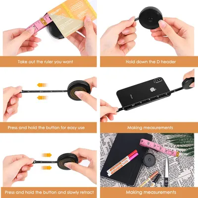 Demonstrates step-by-step instructions on how to use the retractable measuring tape product, showing its ease of use and functionality.