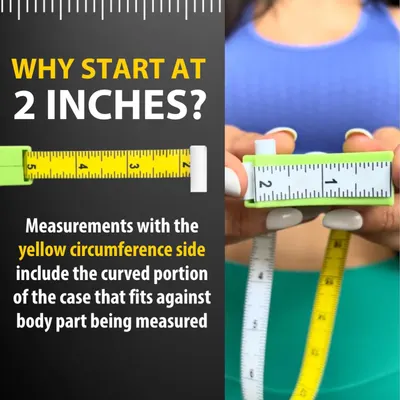 Explains how to correctly use the product for accurate body measurements, focusing on starting at the 2-inch mark and including the curved portion of the tape measure.