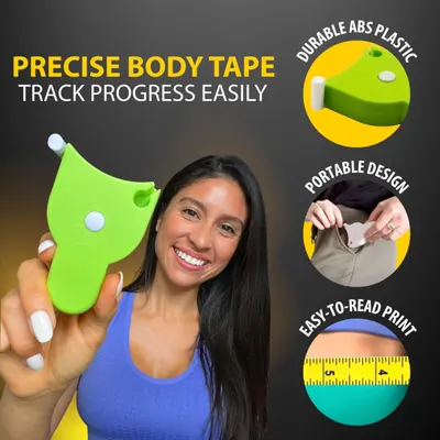 Highlights multiple key features of the body tape measure to show its practicality and ease of use for tracking fitness progress.
