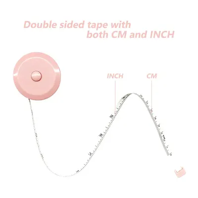 Highlights the product's dual-sided tape measure with both centimeter and inch measurements, emphasizing its versatility for different measurement needs.