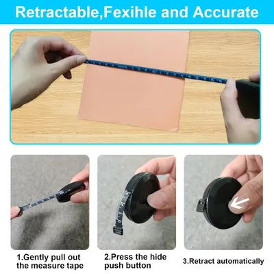 Demonstrates the ease of use and functionality of the retractable tape measure, highlighting its flexible and accurate nature. Emphasizes the retractable feature of the tape measure, showing how it…