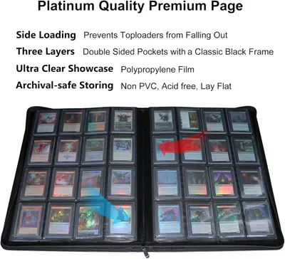 Highlights multiple premium features of the card storage binder to demonstrate its quality and functionality for collectors.