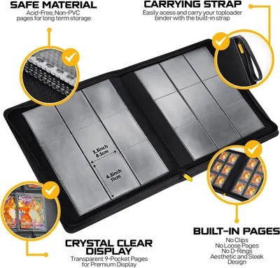 Highlights multiple key features of the binder to demonstrate its quality, durability, and ease of use for storing and displaying cards.