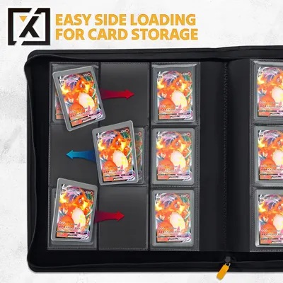 Demonstrates the simple process of loading cards into the storage binder, highlighting the convenience of the product for card collectors.
