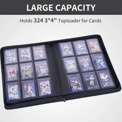 Highlights the large storage capacity of the product, showing it can hold 324 3x4 inch toploader cards.