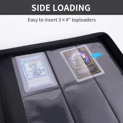 Demonstrates how to easily insert 3x4 inch toploaders into the product, highlighting its user-friendly design for card collectors.