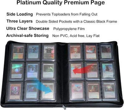 Highlights multiple premium features of the card storage binder to demonstrate its quality and functionality for collectors.
