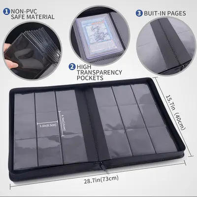 Highlights multiple key features of the product to demonstrate its quality and functionality for storing collectible cards.