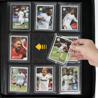 Demonstrates how to insert and organize trading cards in a binder, showing the proper placement of cards in protective sleeves.