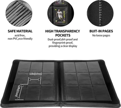 Highlights multiple key features of the product to demonstrate its quality, durability, and functionality for storing and displaying collectible cards.