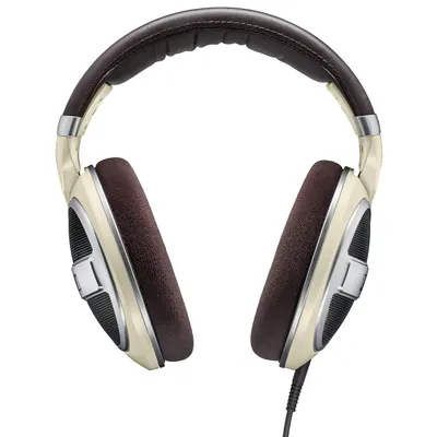Showcases the high-end, luxurious design of the headphones with premium materials like leather and metal accents