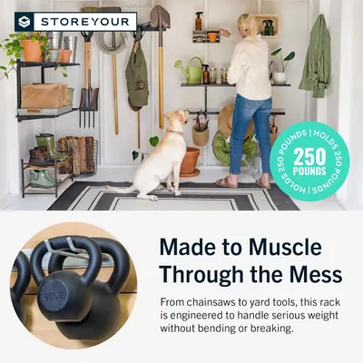 Demonstrates how the storage system can be used to organize various tools and equipment in a garage or garden setting Highlights the product's ability to hold up to 250 pounds, showcasing its…