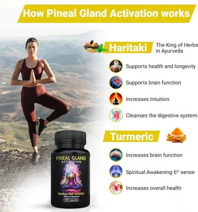 Highlights multiple health benefits of the pineal gland activation supplement, focusing on the effects of key ingredients Haritaki and Turmeric.