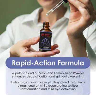 Highlights the product's fast-acting blend of ingredients for pineal gland decalcification and spiritual awakening.