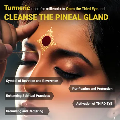 Highlights multiple spiritual and health benefits of using turmeric, focusing on its traditional use for opening the third eye and cleansing the pineal gland.