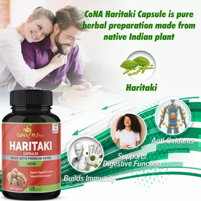 Highlights multiple health benefits of the Haritaki supplement, including digestive and immune support, to showcase its versatility and appeal to health-conscious consumers.