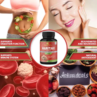 Highlights multiple health benefits of the Haritaki supplement, including digestive, immune, skin, and antioxidant support.