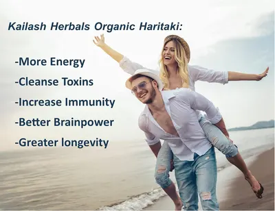 Highlights multiple health benefits of the Kailash Herbals Organic Haritaki product to showcase its versatility and appeal to health-conscious consumers.
