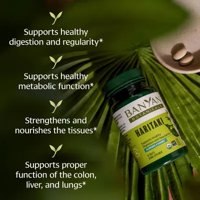 Highlights multiple health benefits of the Haritaki supplement to demonstrate its comprehensive effects on various bodily functions.