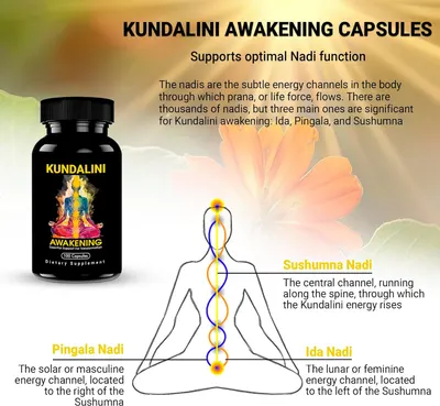 Explains the benefits of the product for supporting optimal Nadi function and Kundalini awakening, highlighting the three main energy channels in the body.
