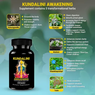 Highlights the multiple herbal ingredients in the supplement and their various benefits for spiritual awakening and chakra support.