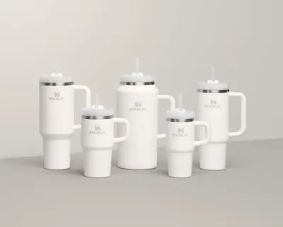 Showcases the full range of Stanley drinkware products in different sizes to demonstrate the variety of options available to customers.