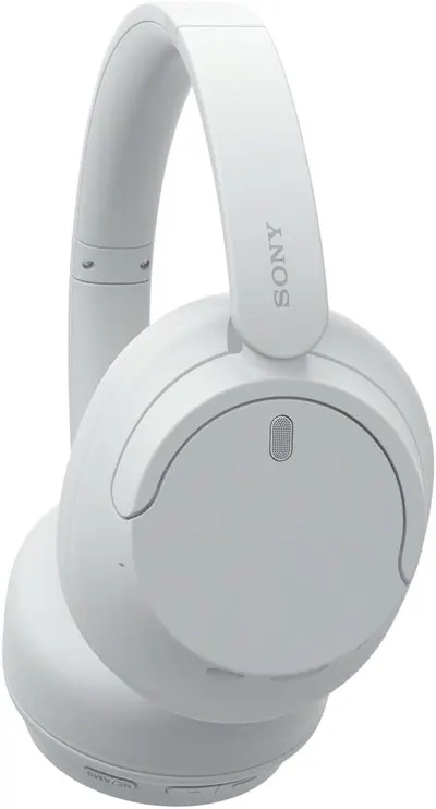 Shows the sleek, minimalist design of the white Sony headphones to appeal to style-conscious consumers.