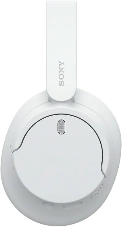 Shows the Sony headphones in a clean, minimalist setting to highlight their sleek white design and premium aesthetic.