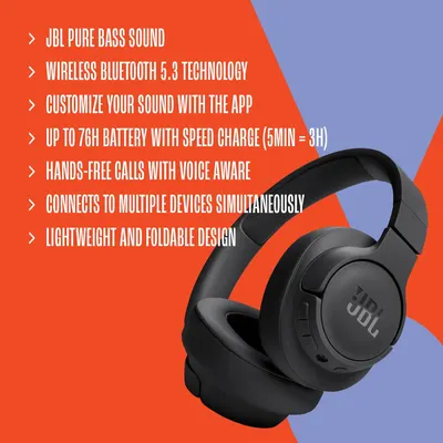 Highlights multiple key features and benefits of the JBL headphones to showcase its overall value and capabilities.