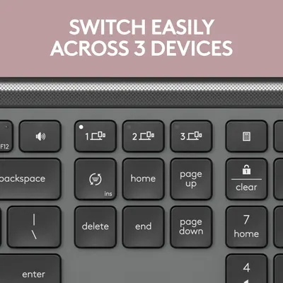 Highlights the keyboard's ability to easily switch between 3 different devices, emphasizing convenience and versatility for users with multiple devices.