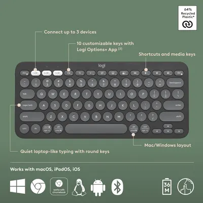 Highlights multiple key features of the keyboard to showcase its versatility and user-friendly design. Demonstrates the keyboard's wide compatibility across different operating systems and…