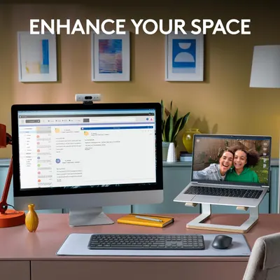 Demonstrates how the product can enhance a home office space for both productivity and video calls.