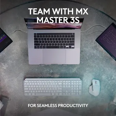 Showcases how the MX Master 3S mouse and keyboard can be used together with a laptop for enhanced productivity across multiple devices.